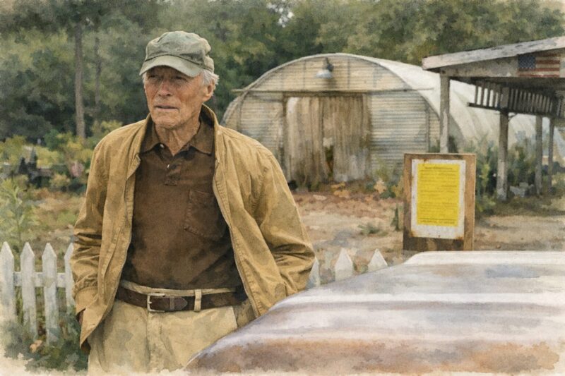 水彩画タッチで描かれた映画「運び屋」の一場面。老いた男が静かな農場の前に立ち、人生の選択と孤独を背負う姿が印象的なヒューマンクライムドラマの象徴的シーン