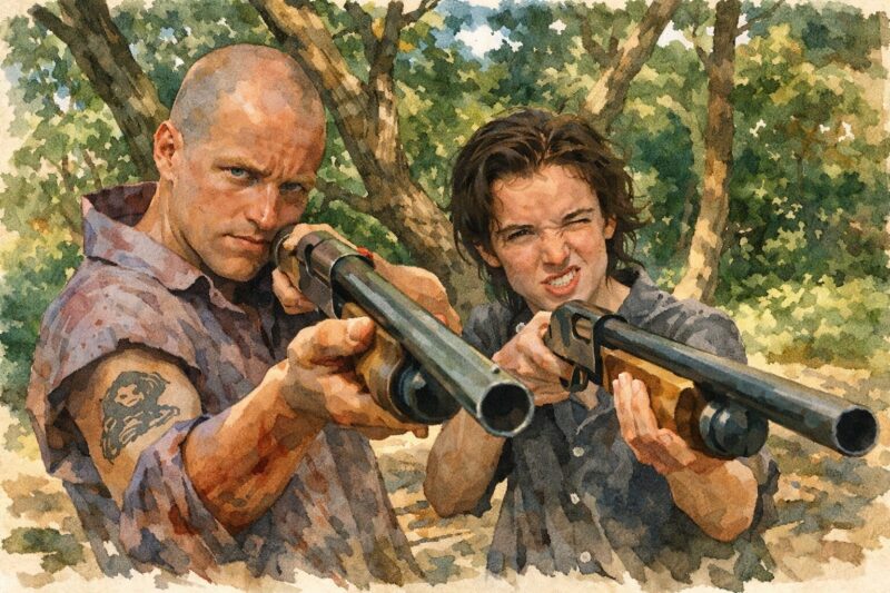 ナチュラル・ボーン・キラーズのミッキーとマロリーが森の中でショットガンを構える象徴的シーン(水彩画タッチ・16:9)