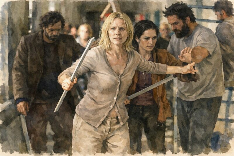 失明が蔓延する隔離施設の廊下で、唯一視力を失っていない女性が棒を手に仲間たちを導き、混乱と恐怖が渦巻く集団の中を必死に進んでいく緊迫の場面