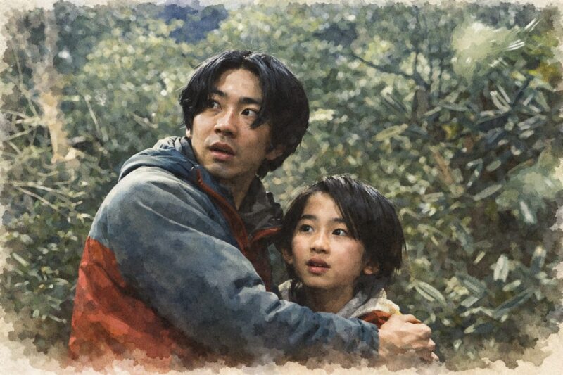 父親が森の中で少年を抱き寄せ、背後の気配に警戒するホラー調の水彩画風シーン（それがいる森）