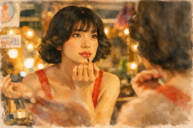 映画『This is I』をモチーフにした楽屋で鏡を見つめながら口紅を塗る主人公の象徴的シーン