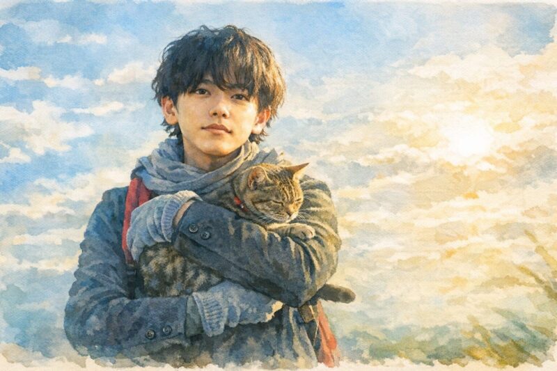 映画『世界から猫が消えたなら』をモチーフにした、夕暮れの空を背に、マフラー姿の青年が灰色の猫を優しく抱きかかえる水彩画タッチの劇画風イラスト