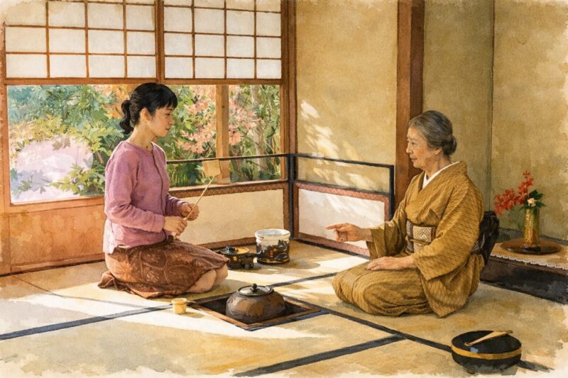 映画『日日是好日』をイメージした畳の和室で向かい合い、静かに茶道の稽古を行う二人の女性。柔らかな自然光が差し込む日本家屋の一室