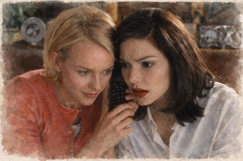 マルホランド・ドライブ|ベティとリタが電話を囲み緊張した表情を浮かべるシーン(水彩画タッチ)