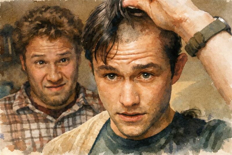 50/50 フィフティ・フィフティの水彩画風イラスト｜抗がん剤治療で髪を剃る青年と見守る親友の印象的なシーン