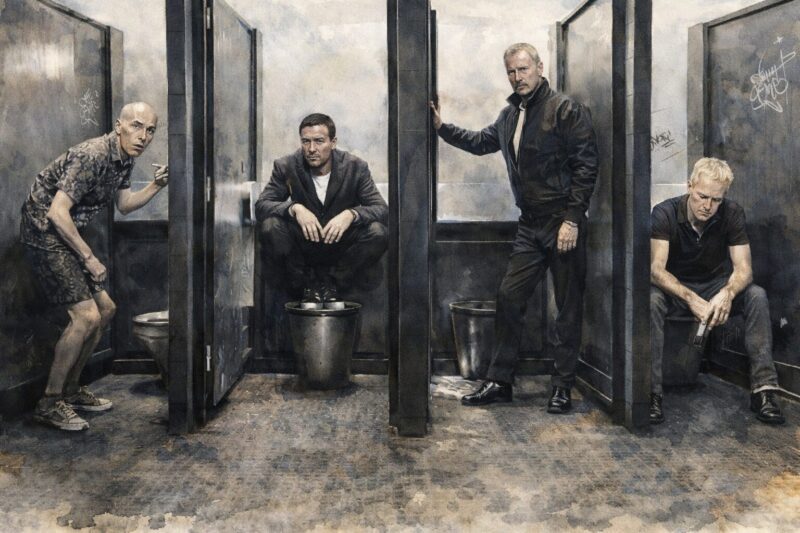 T2 トレインスポッティングの中年になった4人が公衆トイレの個室にそれぞれ佇む印象的なシーン(水彩画タッチ・16:9)