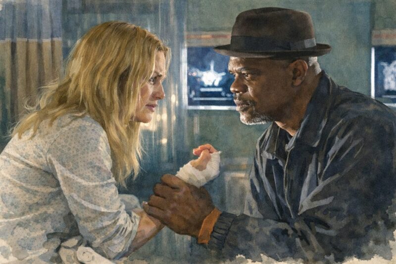 白人女性と黒人刑事が病室で向かい合い、緊張した表情で手を取り合う場面を水彩画タッチで描いた映画「フリーダムランド」のワンシーン