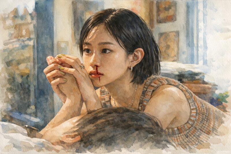 ナミビアの砂漠（2024）」血のにじむ鼻を押さえ、ぼんやりと前を見つめる女性の水彩画風イラスト（室内・逆光）