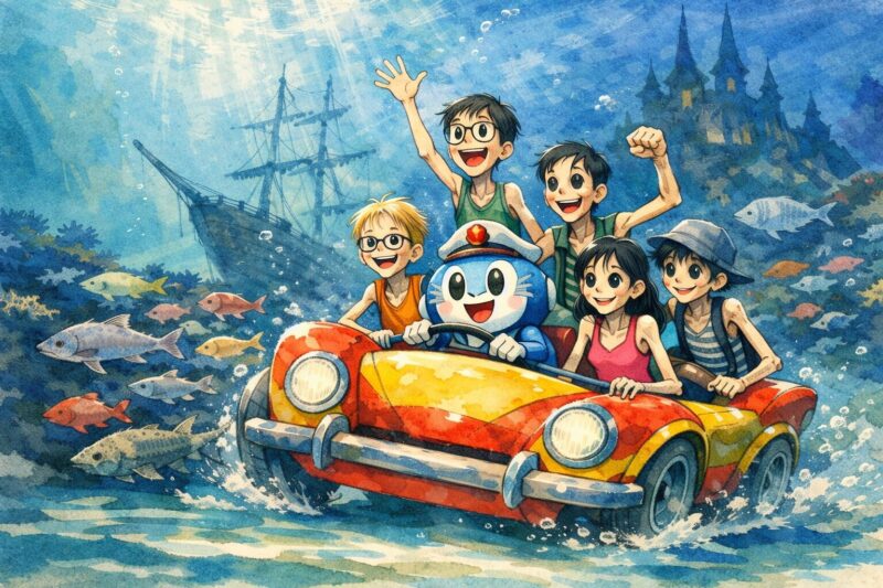 「映画ドラえもん 新・のび太の海底鬼岩城」の水彩画風イラスト。海中を進む乗り物に乗ったドラえもん・のび太・しずか・ジャイアン・スネ夫が、全員かなり痩せた体型で描かれている横長16:9の構図。