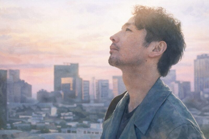 ボクたちはみんな大人になれなかった（2021）｜夕暮れの都市を背景に空を見上げる中年男性の水彩画風ビジュアル