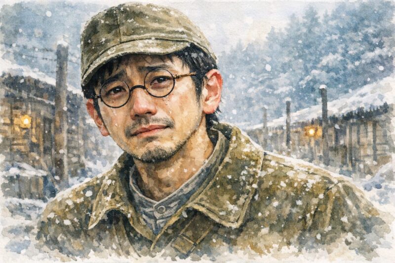 ラーゲリーより愛を込めて(2022)|雪の収容所で涙を浮かべる主人公・山本幡男の水彩画風イラスト
