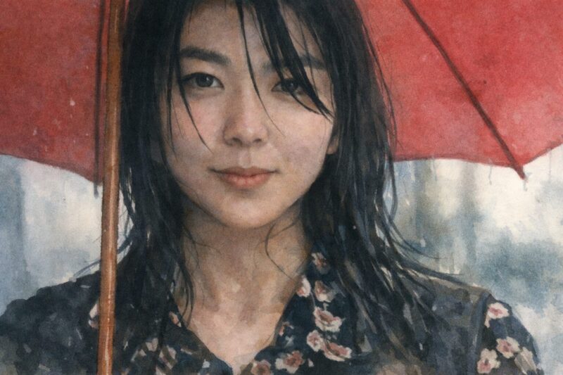 （四月物語）赤い傘の女性ポートレート｜雨に濡れた髪と静かな眼差し（16:9・水彩画風）