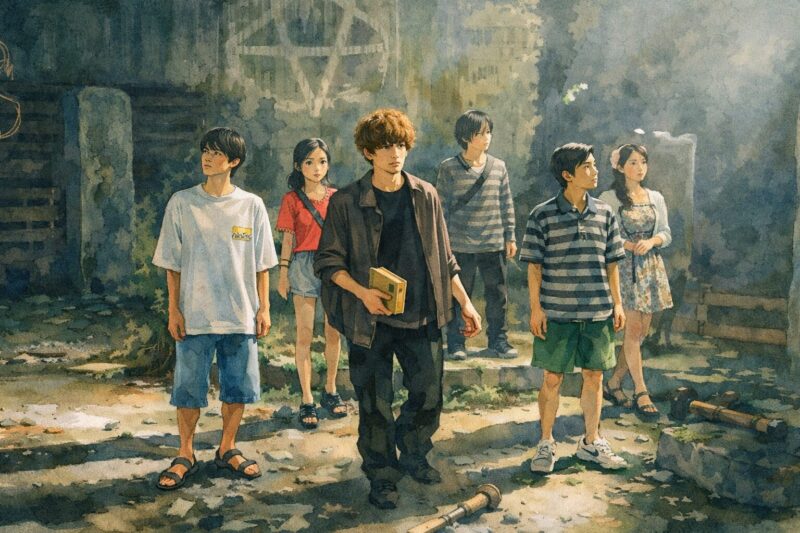 映画「カラダ探し THE LAST NIGHT」水彩画風の廃墟シーンで、若者6人が薄暗い光の中を警戒しながら進む横長イラスト