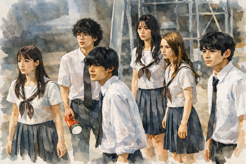 カラダ探し（2022）の夜の校舎で緊張した表情を浮かべる6人の高校生を描いた水彩画風ビジュアル