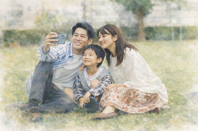 公園で家族3人が笑顔で写真を撮る様子を水彩風に描いたイメージ画像