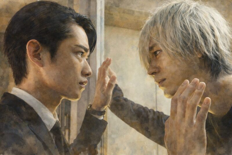 「スマホを落としただけなのに 囚われの殺人鬼をイメージした水彩画風イラスト｜ガラス越しに向き合う二人の男」