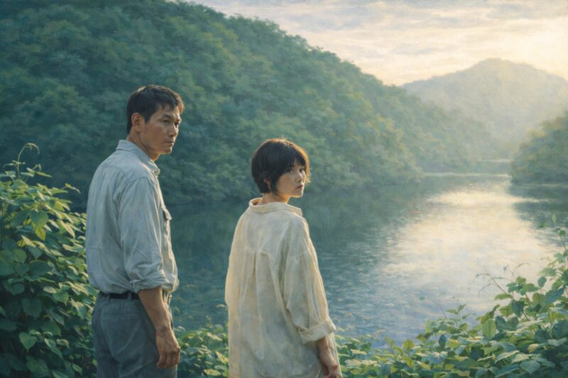 「アンダーカレント（2023）」湖畔に立つ男女を描いたオリジナル風イラスト（16:9）