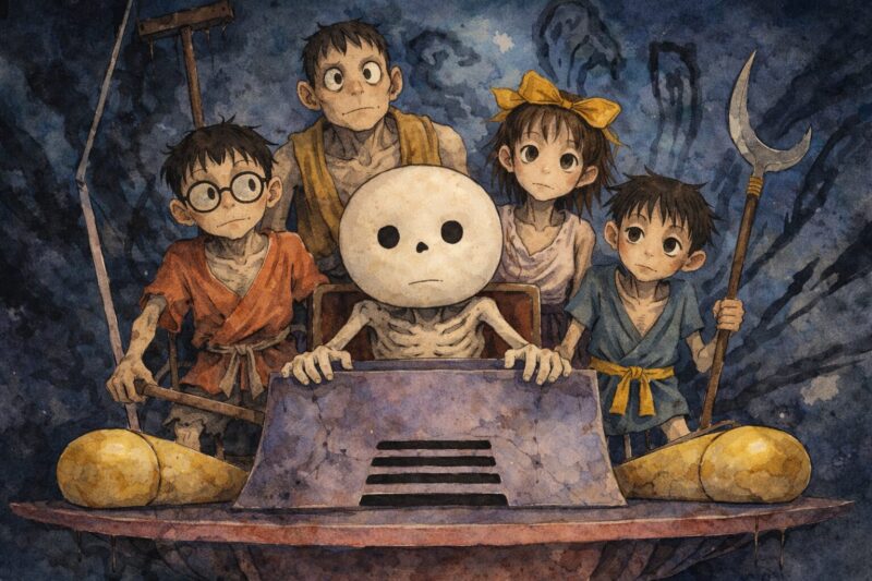 映画「ドラえもん のび太のパラレル西遊記」|洞窟の闇で青い猫型ロボットと仲間たちが乗り物に乗り、やせ細った体で無表情に前を見つめる水彩画風イラスト