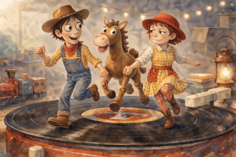 “Toy Story 2 風オリジナル水彩画イラスト|面長の少年と赤い帽子の少女と馬の人形がレコードの上を走る16:9構図”