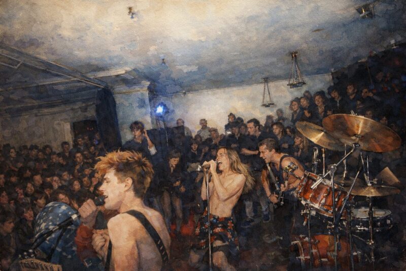 初期レッド・ホット・チリ・ペッパーズのライブをイメージした水彩イラスト|ヒレル・スロヴァク時代の熱狂