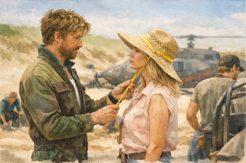 フォールガイ（The Fall Guy）のワンシーン。砂地のロケ現場で、作業着の男性が麦わら帽子の女性と向き合う場面。