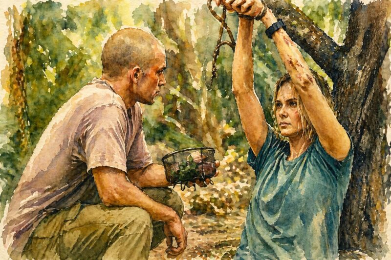 エイペックス・プレデター（2026）水彩画｜森の中で拘束された女性と向き合う男の緊迫シーン