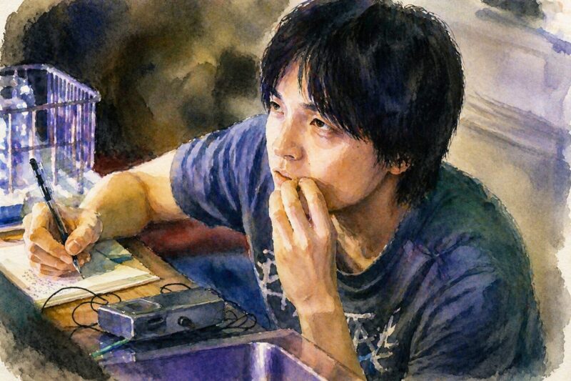 笑いの怪物｜ノートにネタを書きながら思考する主人公の水彩画風イラスト