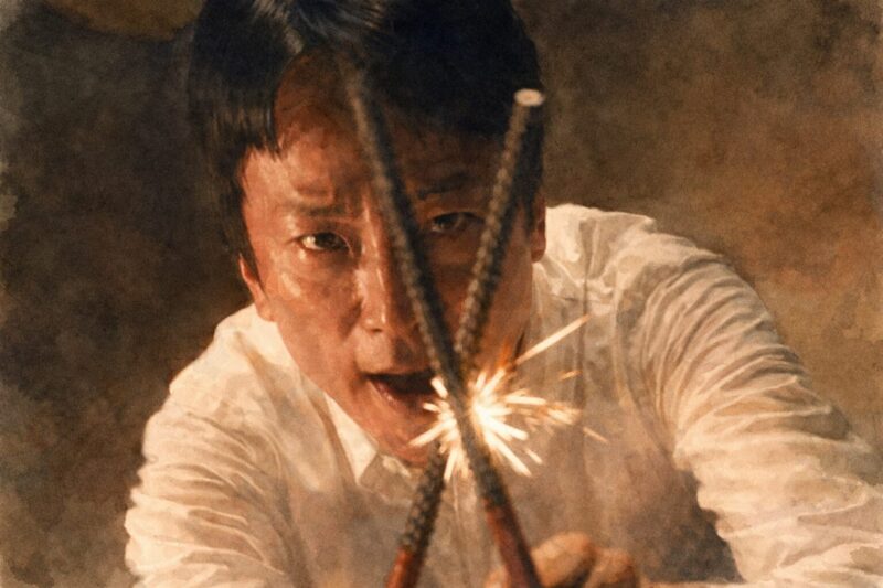 映画『愛なき森で叫べ』の緊迫シーンを再現した水彩風イラスト