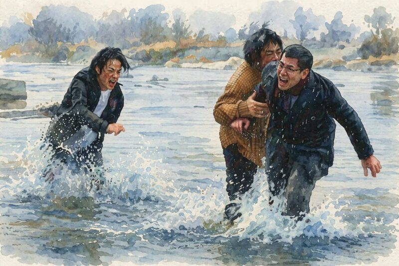 ビジランテ(2017)|川の中を必死に進む三人の男たちの水彩画風シーン