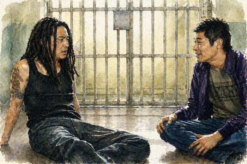 漫才ギャング（2011）｜留置場で出会う飛夫と龍平を描いた水彩画風ビジュアル