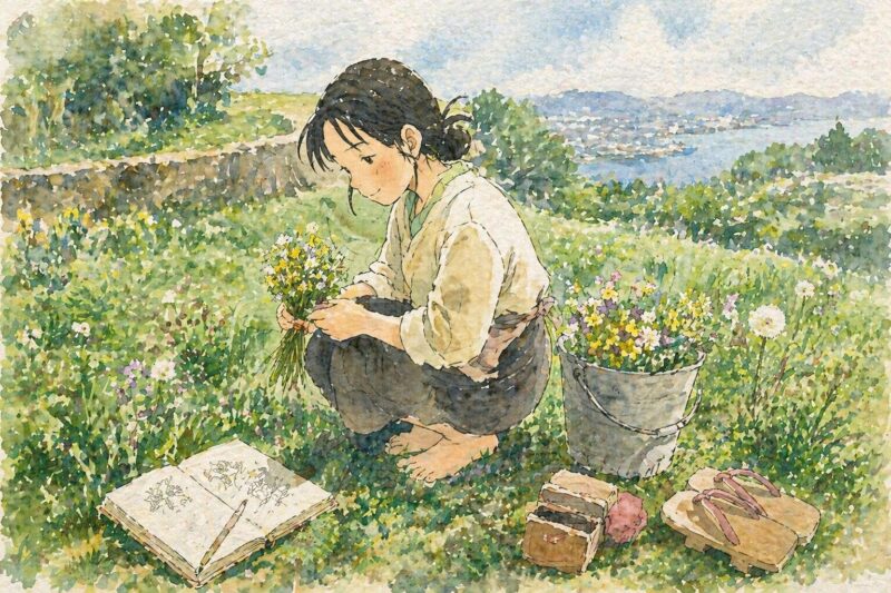 この世界の片隅に（2016）｜野原で花を束ねる女性を描いた水彩画風オリジナルビジュアル