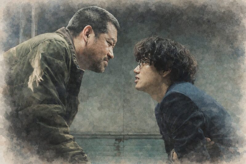 暗い室内で対峙する二人の男性を水彩風に描いた緊迫したシーンイメージ