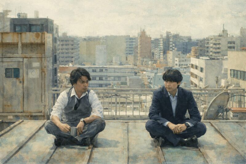 ドラマ『九条の大罪』屋上で向き合う二人の男性を描いた水彩風イラスト