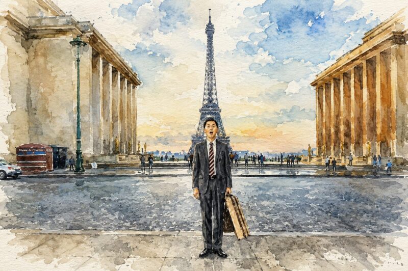 映画「劇映画 孤独のグルメ」のパリでエッフェル塔を背に立つ井之頭五郎を描いた水彩画風イラスト