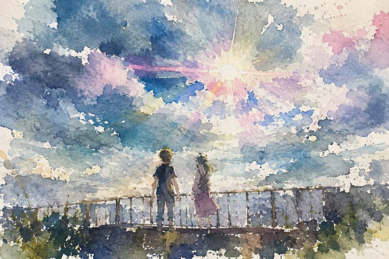 映画『天気の子』をイメージした、水彩画タッチの空と少年少女の幻想的な16:9イラスト