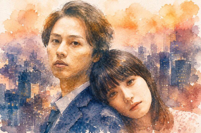 「傲慢と善良」の男女2人を水彩画風で描いた映画イメージ。夕暮れの都市を背景に、寄り添う男女の静かな表情を描写した16:9ビジュアル。