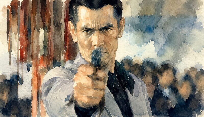 「仁義なき戦い」の銃を構える男を描いた水彩画風イラスト