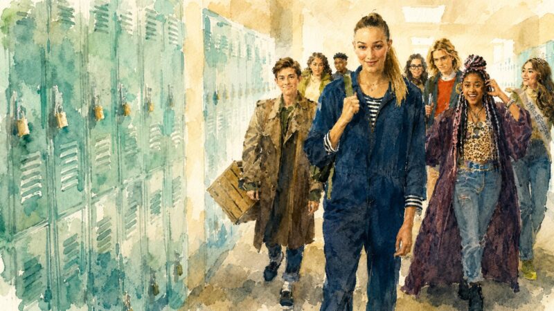 映画『トールガール』の高校廊下シーンを水彩画風に描いたイラスト