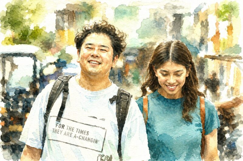 フィリピンパブ嬢の社会学（2023）の街歩きシーンを水彩画タッチで描いた映画風イラスト