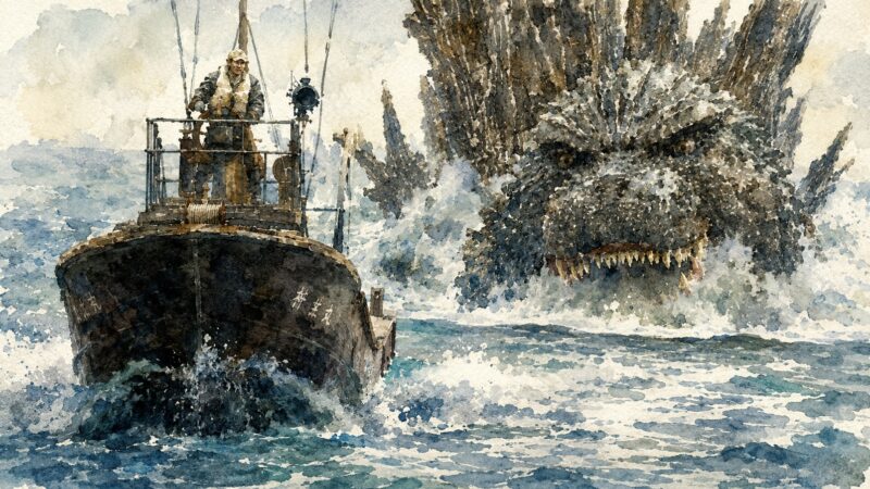 「ゴジラ-1.0」海上で小型船を追うゴジラを描いた水彩画風イラスト