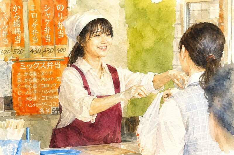 ちひろさん（2023）の弁当屋シーンを水彩画タッチで描いた映画風イラスト