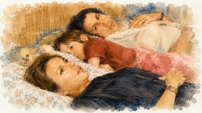 「マリッジ・ストーリー」の家族3人がベッドに横たわる静かな時間を描いた水彩画風イラスト