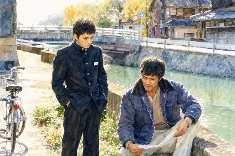 映画「とんび」父と息子が川沿いで語り合うシーンの水彩画風イラスト
