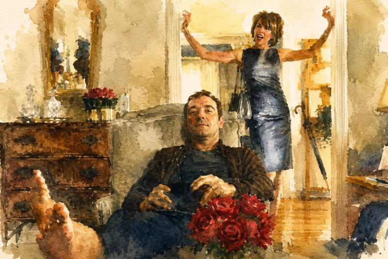 「アメリカン・ビューティー」の象徴的な家庭シーンを水彩画風に描いたイラスト。赤い薔薇を前景に、中年男性が椅子に座り、背後で女性が感情を爆発させる印象的な構図。