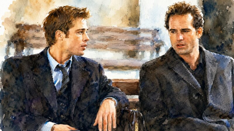 「スリーパーズ（1996）」で向かい合って座るブラッド・ピットとジェイソン・パトリックを描いた水彩画風イラスト