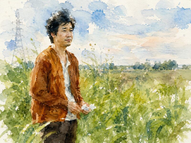 「青天の霹靂」の草原に立つ晴夫を描いた水彩画風イラスト