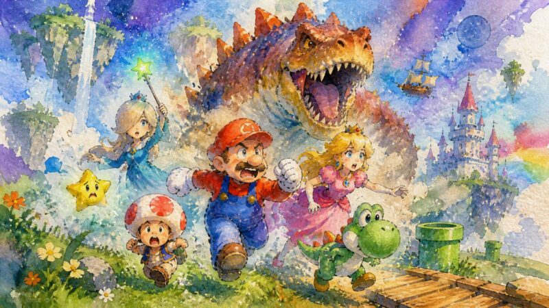 ザ・スーパーマリオギャラクシー・ムービー 水彩画風 宇宙ファンタジー冒険イメージ