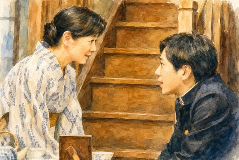 映画「母と暮せば」の母子の会話をイメージした水彩画イラスト