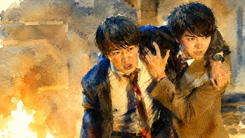 映画「劇場版 おっさんずラブ 〜LOVE or DEAD〜」の救出シーンをイメージした水彩画風イラスト