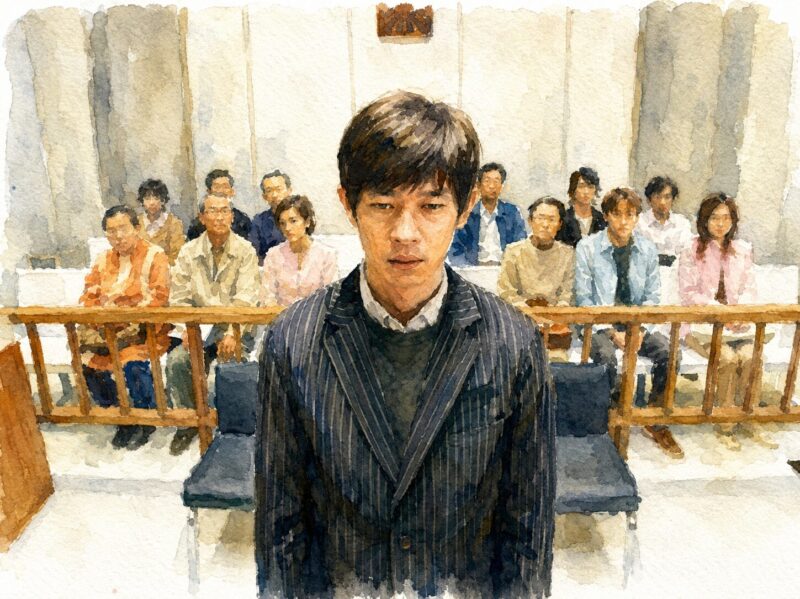 映画「それでもボクはやってない」法廷で被告席に立つ主人公を描いた水彩画風イラスト